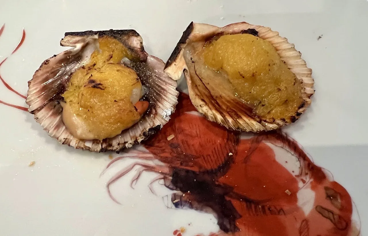 Two scallops in their shells with a red sauce