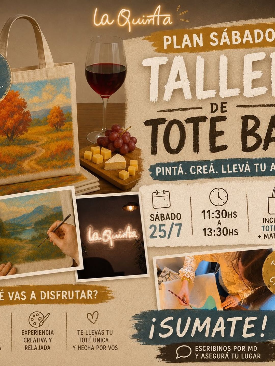 🎨✨ ¡PINTÁ TU PROPIA TOTE BAG!
Venite a La Quinta a desconectar, crear y pasar una mañana diferente. ☕🍷
👜 Taller de Tot
