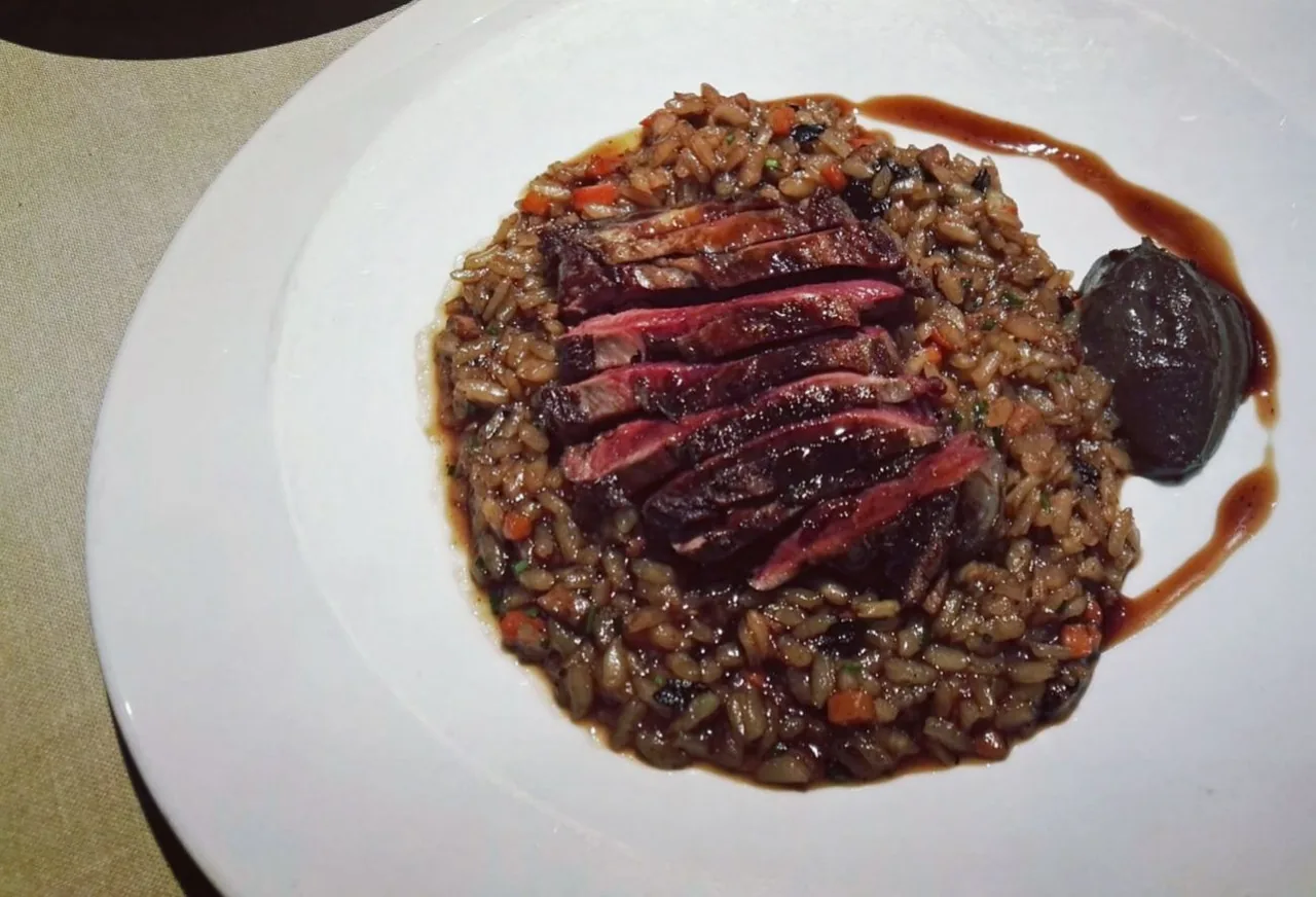 Slices of dark red meat on a bed of dark grains with a glossy sauce on a white plate