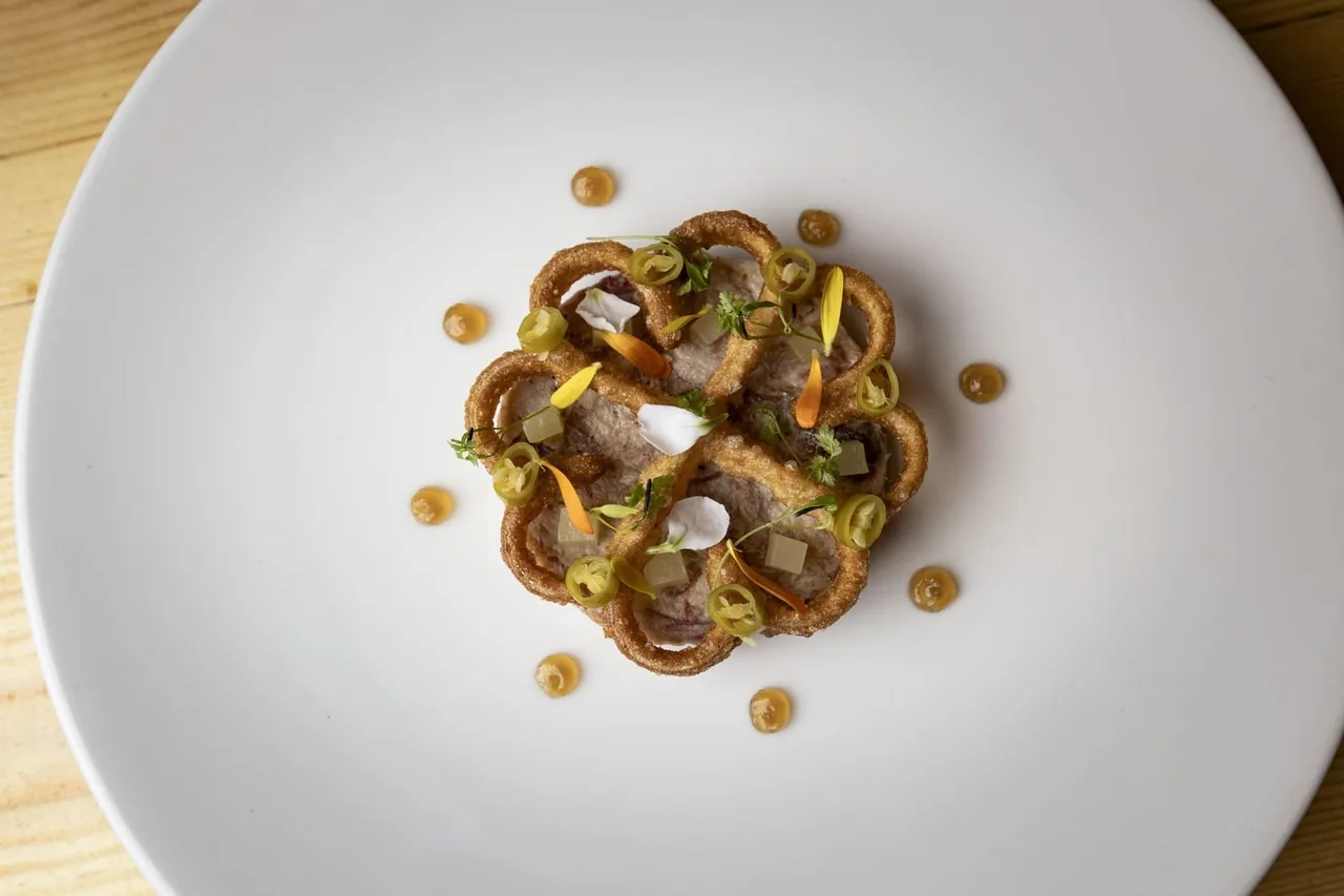 A neat rosette of thinly sliced vegetables with small dots of sauce on a white plate