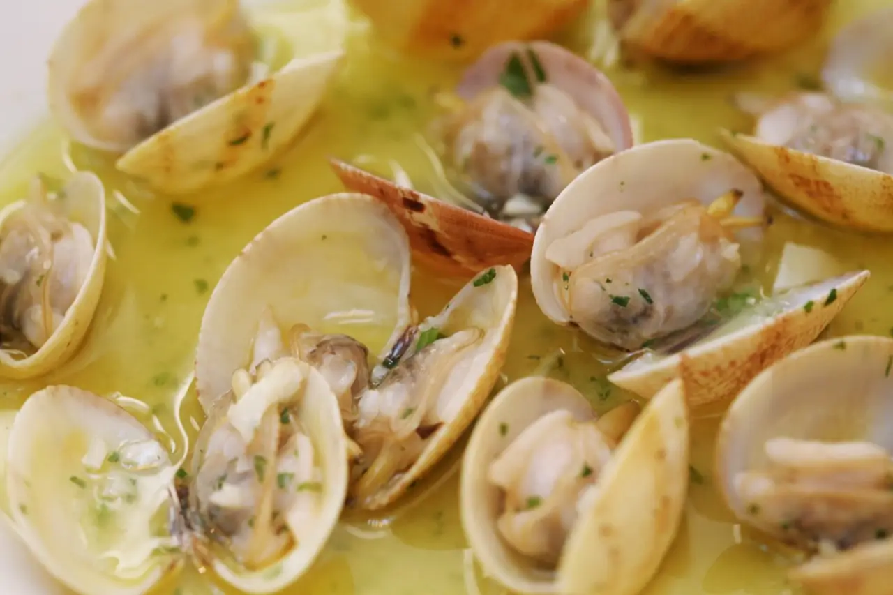 Close-up of open clams in garlic and parsley olive oil sauce