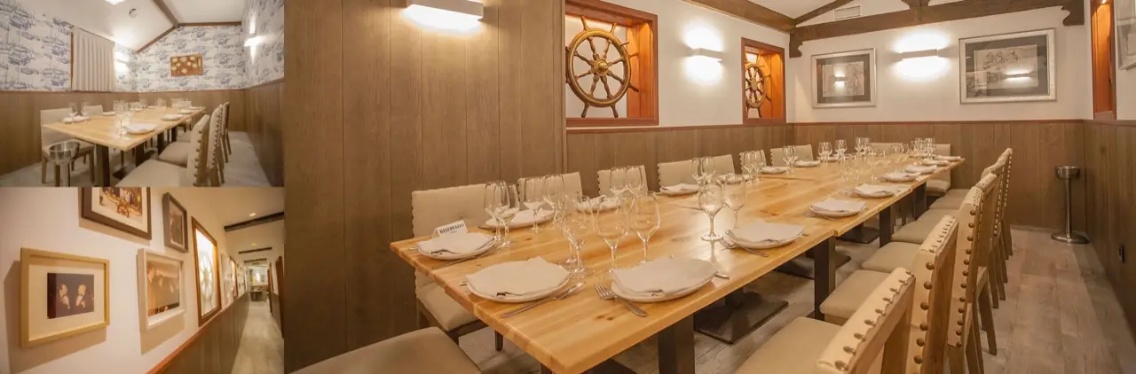 Collage of private dining room interiors with nautical decor including ship wheels, a long table set with wine glasses, and a hallway lined with framed photographs