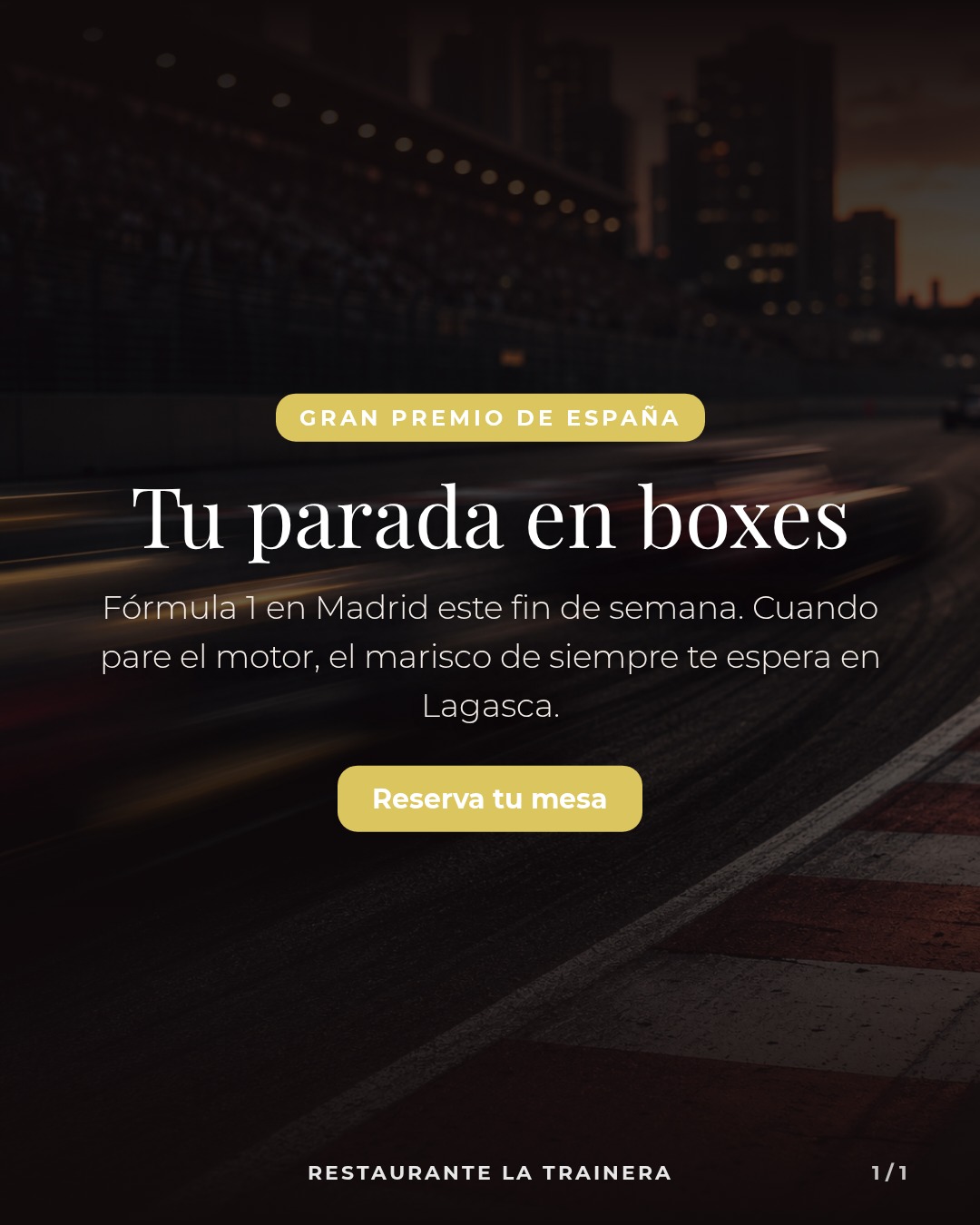 Tu parada en boxes
Fórmula 1 en Madrid este fin de semana. Cuando pare el motor, el marisco de siempre te espera en Lag