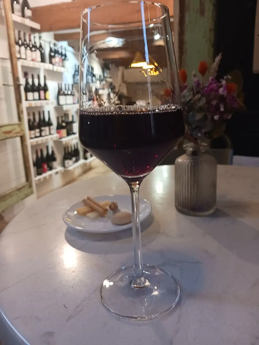 A glass of red wine at La Viniloteca