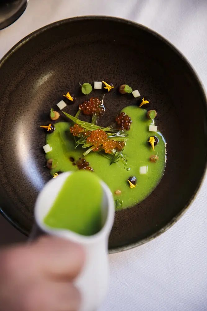 Dark stoneware bowl with trout roe and herbs as a bright green sauce is poured from a white jug over the dish