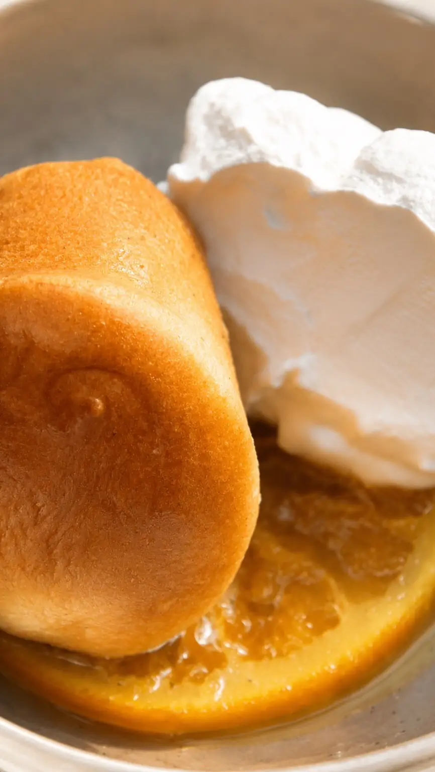 Close-up of a golden pastry with whipped cream and citrus sauce in a bowl