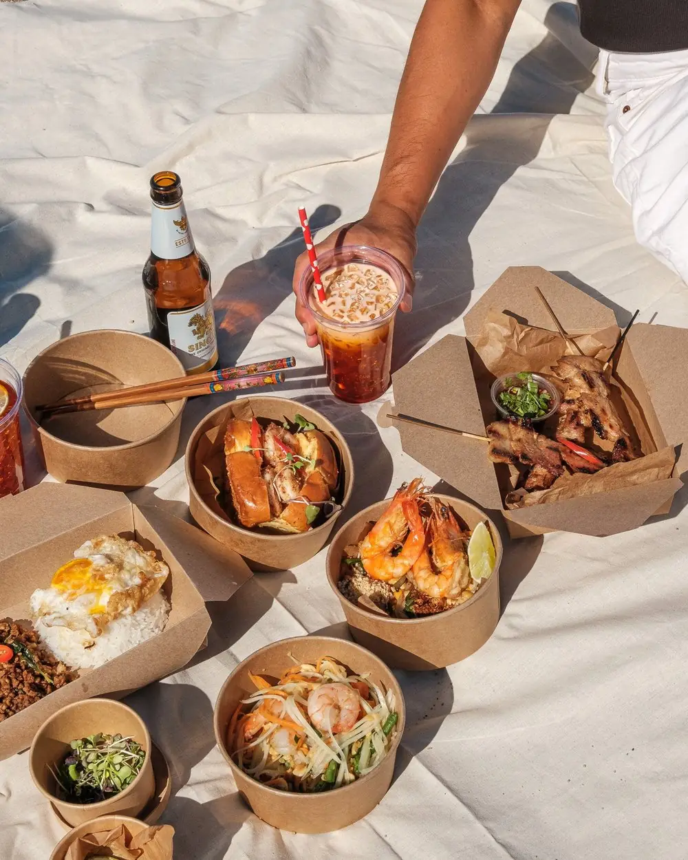 Spread of takeout dishes on a picnic blanket including grilled skewers, shrimp fried rice, papaya salad, and a sandwich, Lamai Thai Tapas