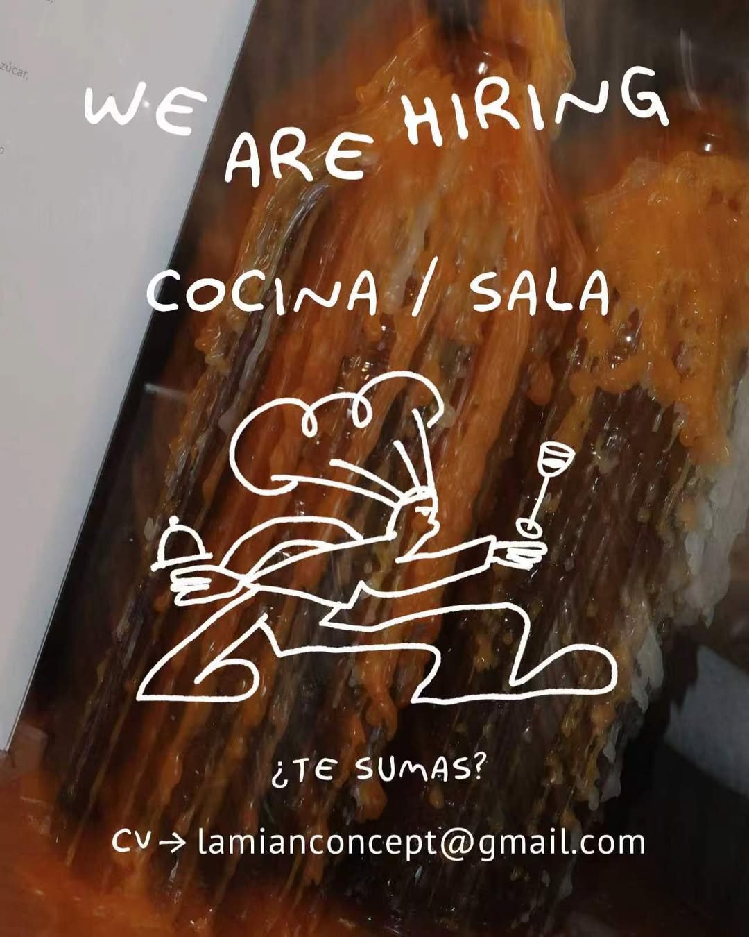 ÚNETE AL CREW DE LAMIAN.

BUSCAMOS
COCINA + SALA

BUEN RITMO.
BUENA ENERGÍA.
CERO EGOS.

¿TE SUMAS?

CV →
lamianconcept@