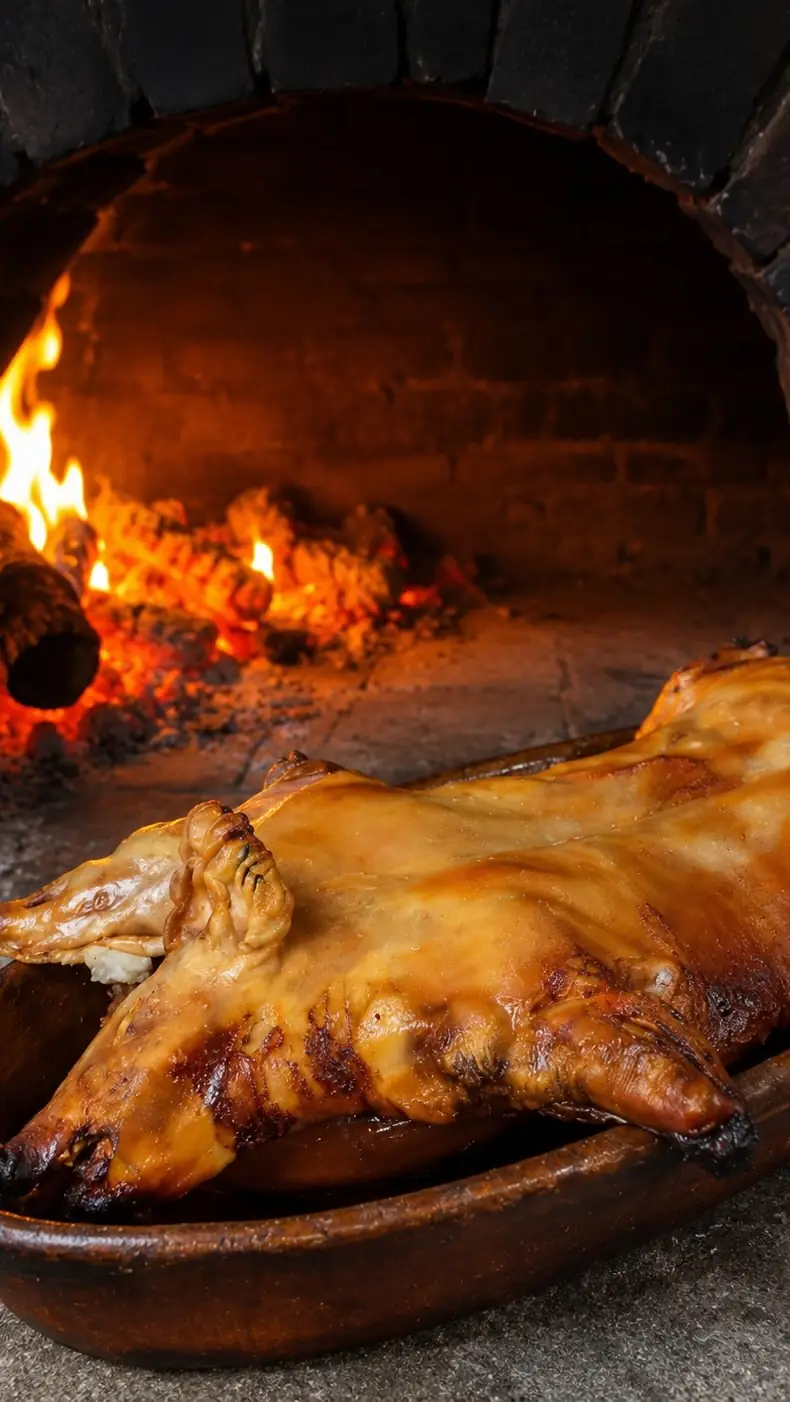Whole roasted suckling pig in a clay dish set in front of a lit wood-fired oven