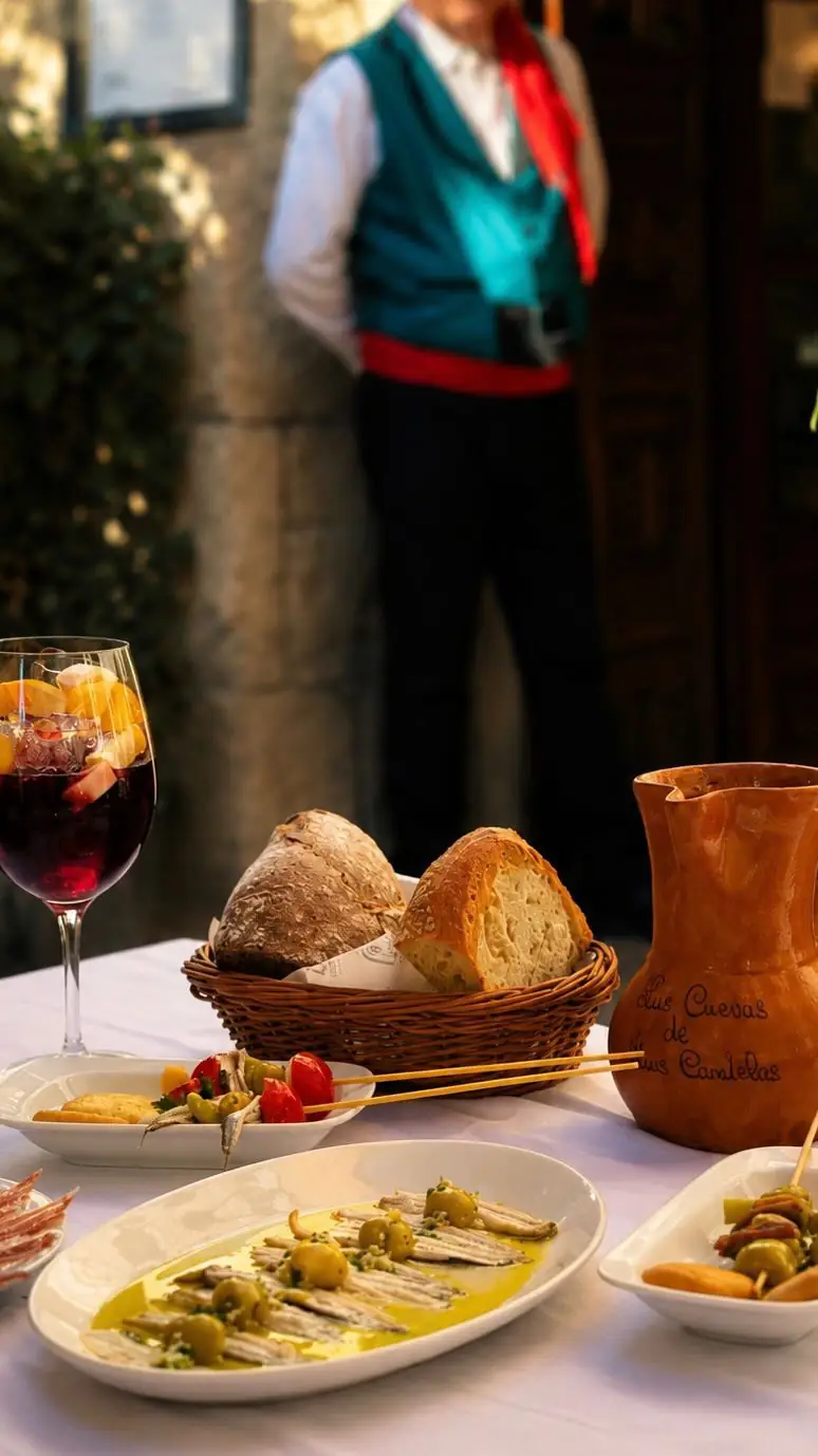 Outdoor table with anchovy and olive skewers, a bread basket and a branded ceramic jug of sangria