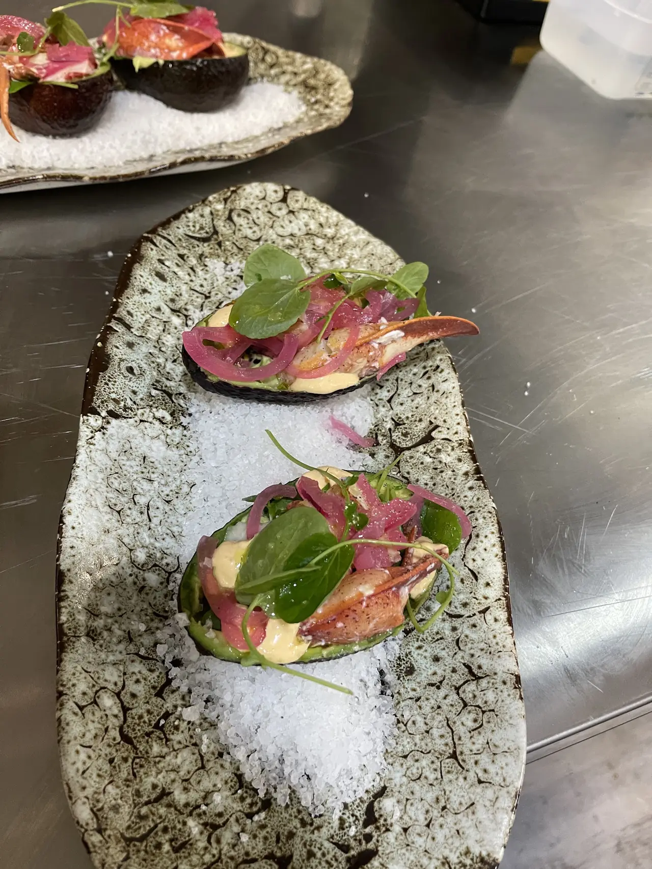 Avocado halves stuffed with lobster claw, pickled onion and cress, plated on salt bed
