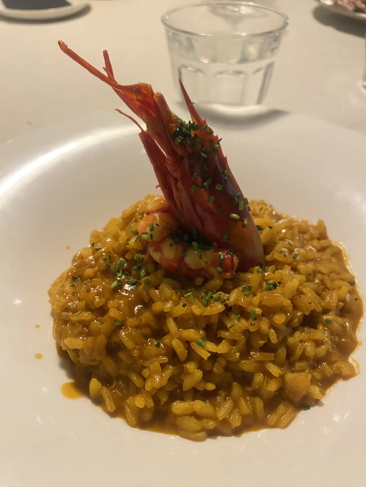 Saffron rice topped with a whole red prawn and chives