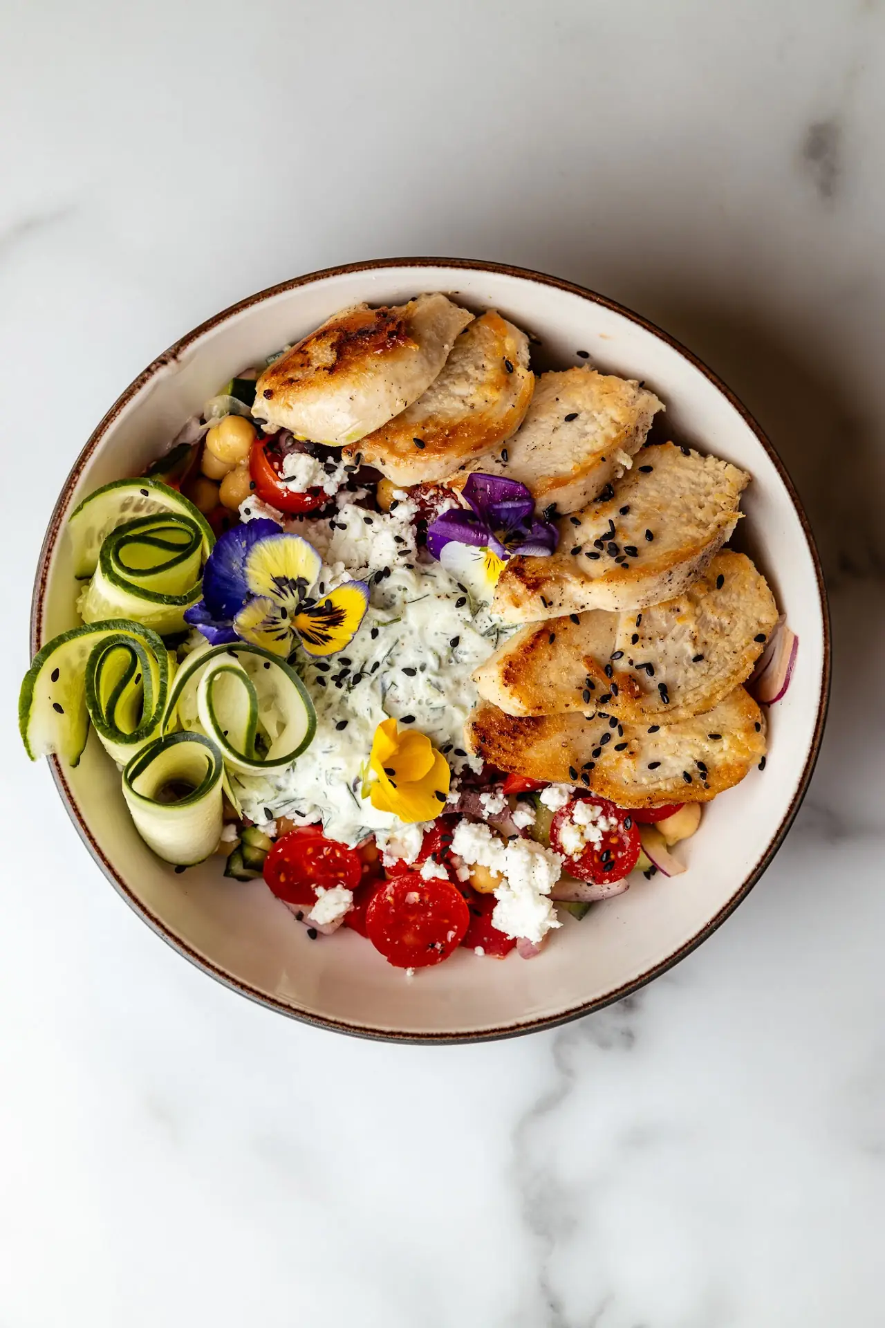 Overhead view of a bowl of grilled meat, courgette ribbons, white cheese, tomatoes and edible flowers
