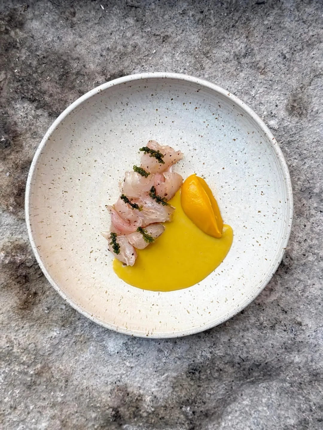 Slices of raw fish with bright yellow sauce on a white plate on a grey stone surface