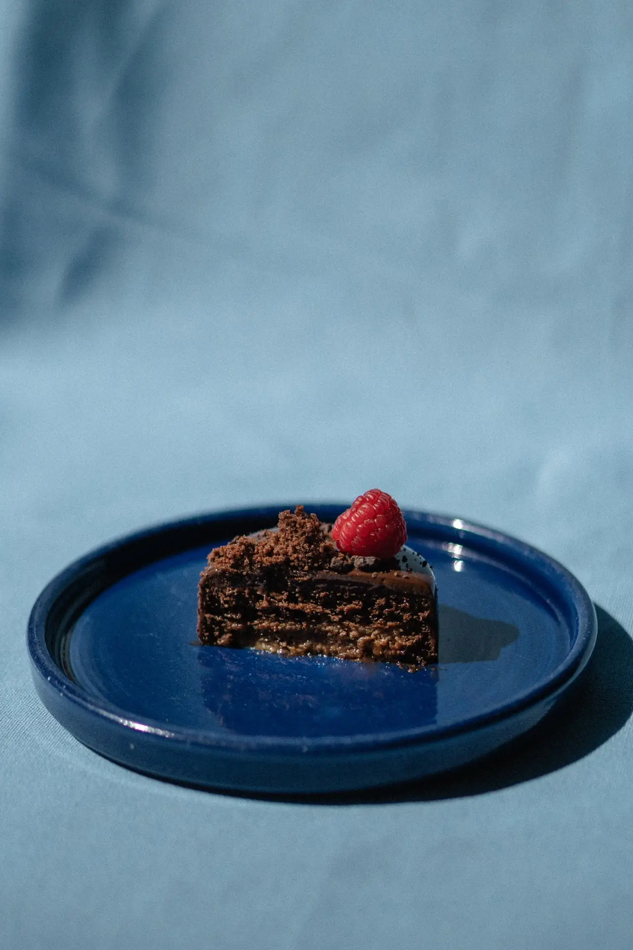 A wedge of chocolate cake with cocoa crumb and a raspberry