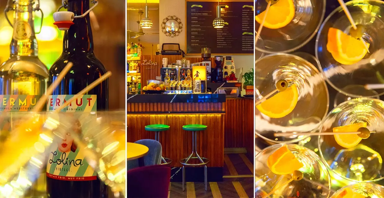 Three-panel collage: close-up of Lolina vermut bottles with an illustrated label in the foreground, the wood-paneled bar counter with green stools and hanging pendant lights, and an overhead view of several cocktails garnished with orange slices and olives.