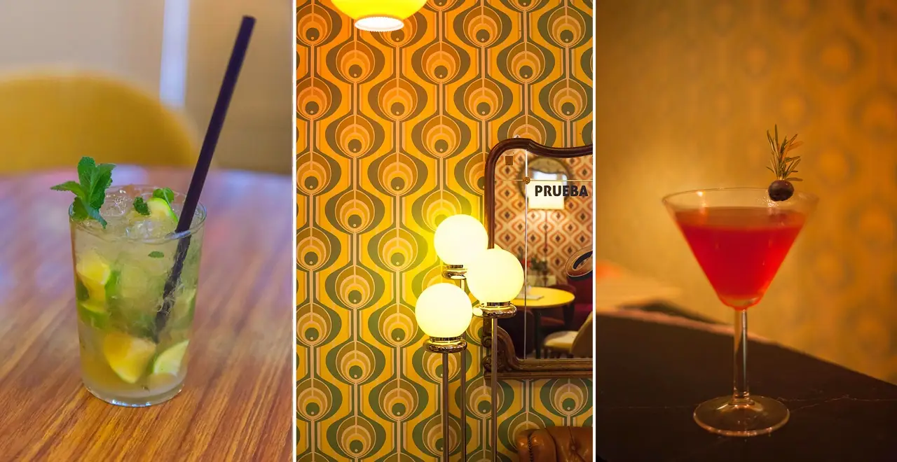 Three-panel collage: a mojito with mint and lime wedges on a wood table, retro wallpaper and globe lamps reflected in a mirror, and a red cocktail garnished with rosemary and an olive.