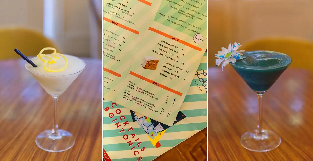 Three-panel collage: a frosted white cocktail with a lemon twist, a paper drinks-and-desserts menu card on the table, and a teal-blue cocktail garnished with an edible flower.