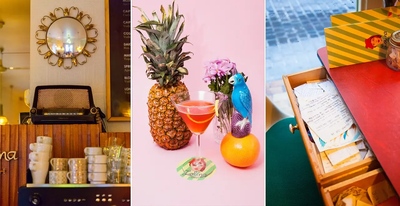 Three-panel collage: a vintage radio and gilt sunburst mirror above a stack of espresso cups, a styled pink-background shot of a cocktail beside a fresh pineapple and a ceramic blue parrot figurine, and an open vintage drawer of handwritten notes and postcards on a red counter.