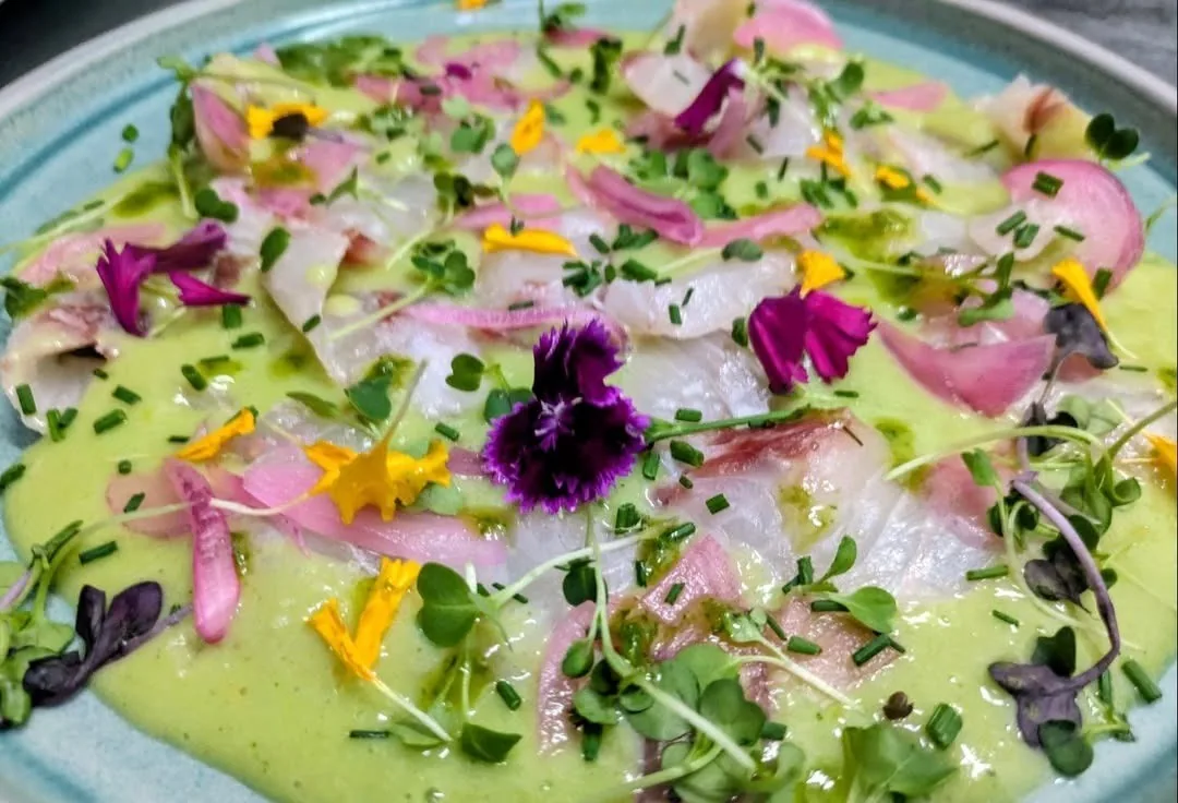 A plate of raw fish in a green sauce covered with edible flowers