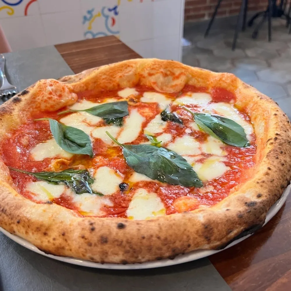 A pizza with tomato sauce, white mozzarella and basil leaves on a plate