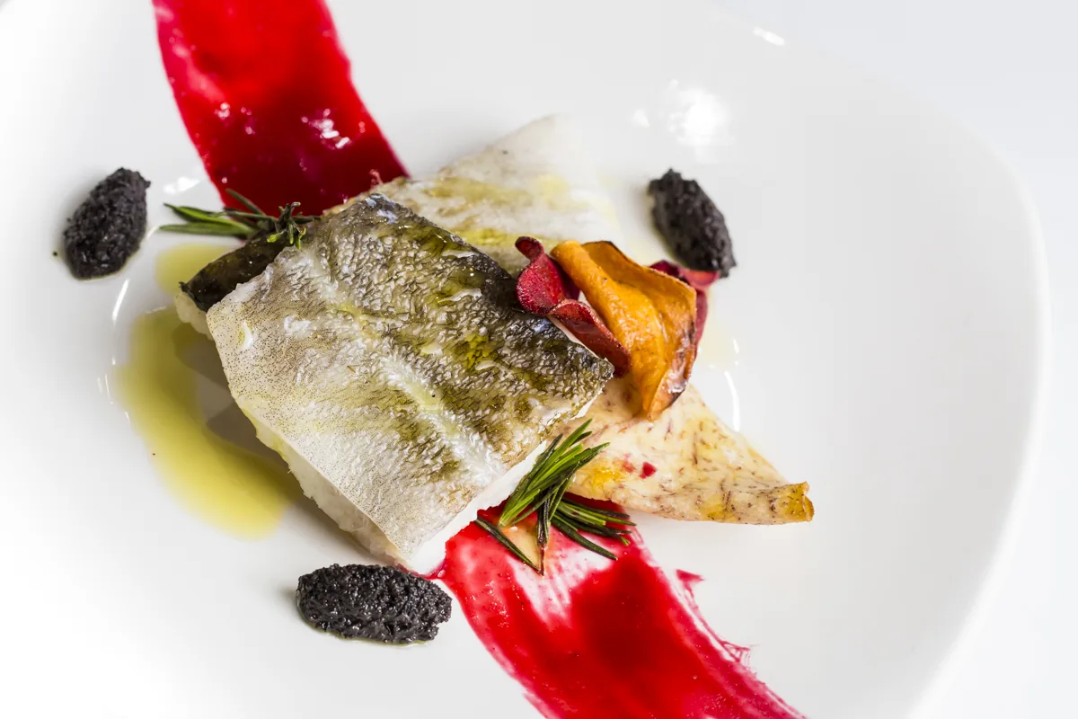 A fish fillet with red sauce and black garnish