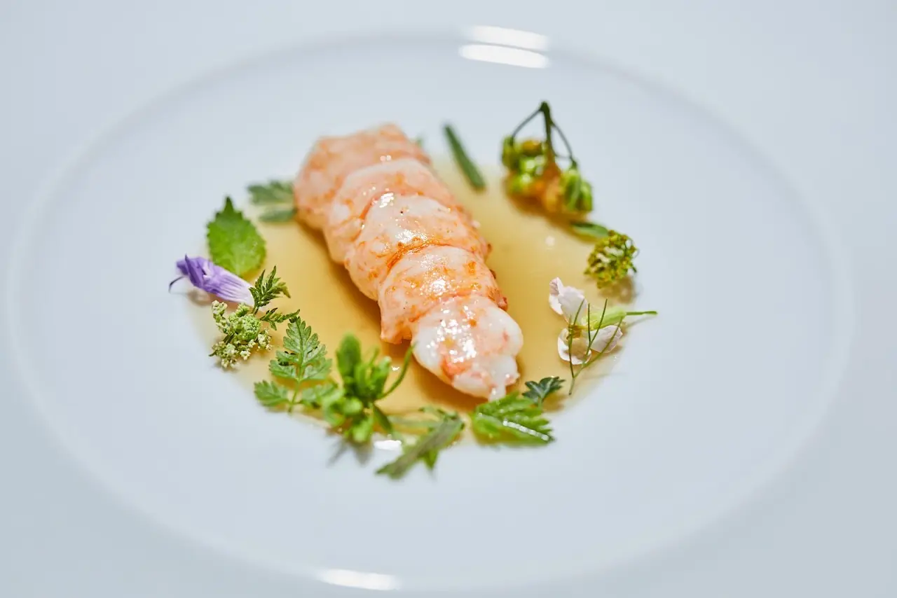 Peeled langoustine plated with edible flowers and herbs in a light broth