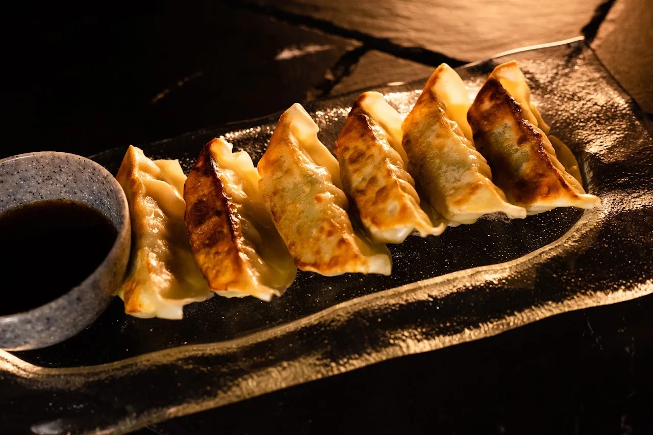 A row of pan-fried gyoza dumplings