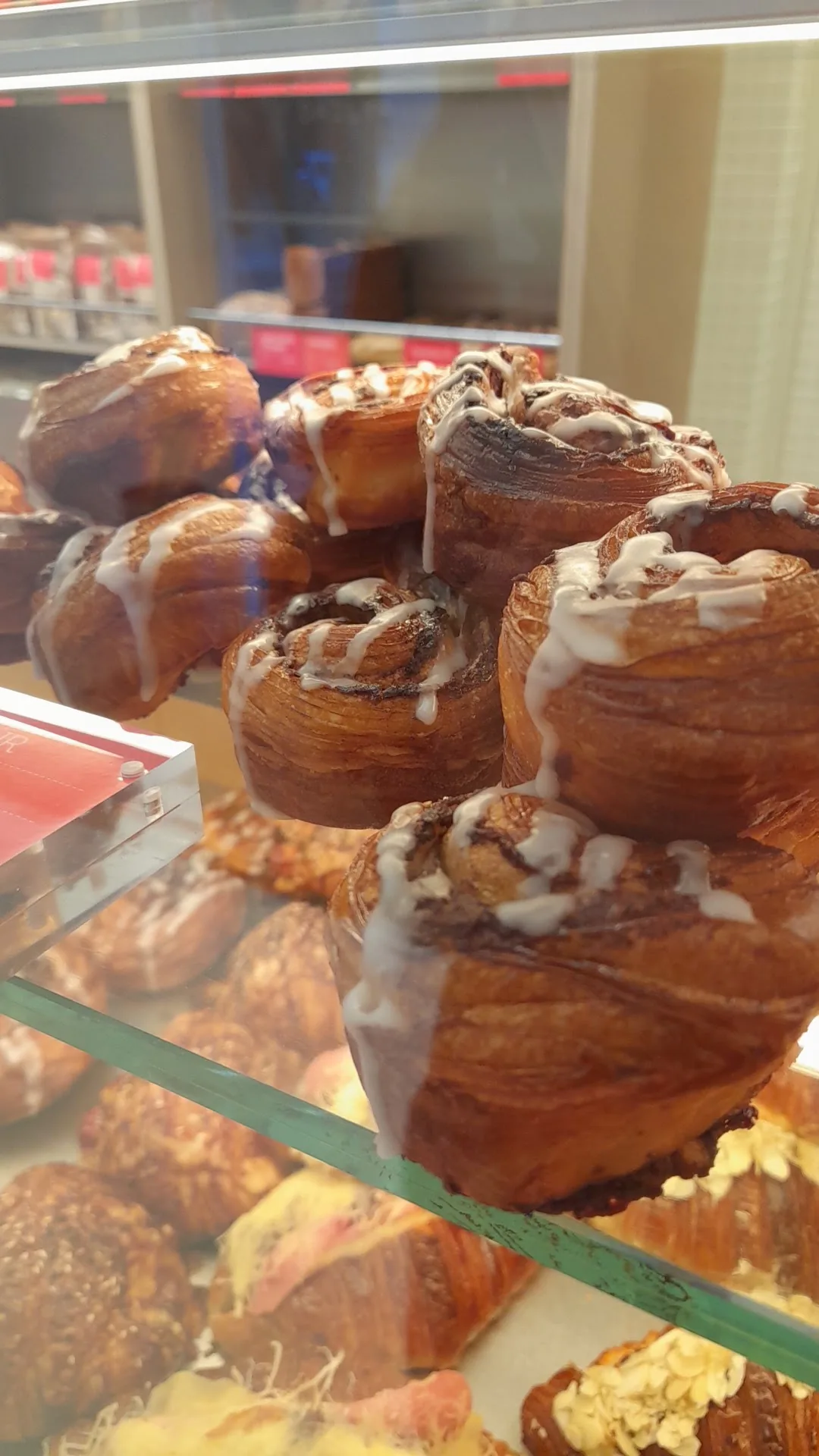 A display case of glazed cinnamon rolls