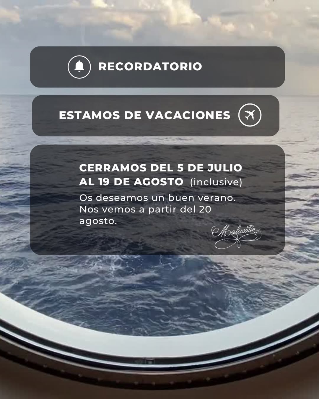 Os recordamos que estamos de vacaciones 🏖️
Nos vemos a la vuelta 🫶🏻 a partir del 20 de agosto.