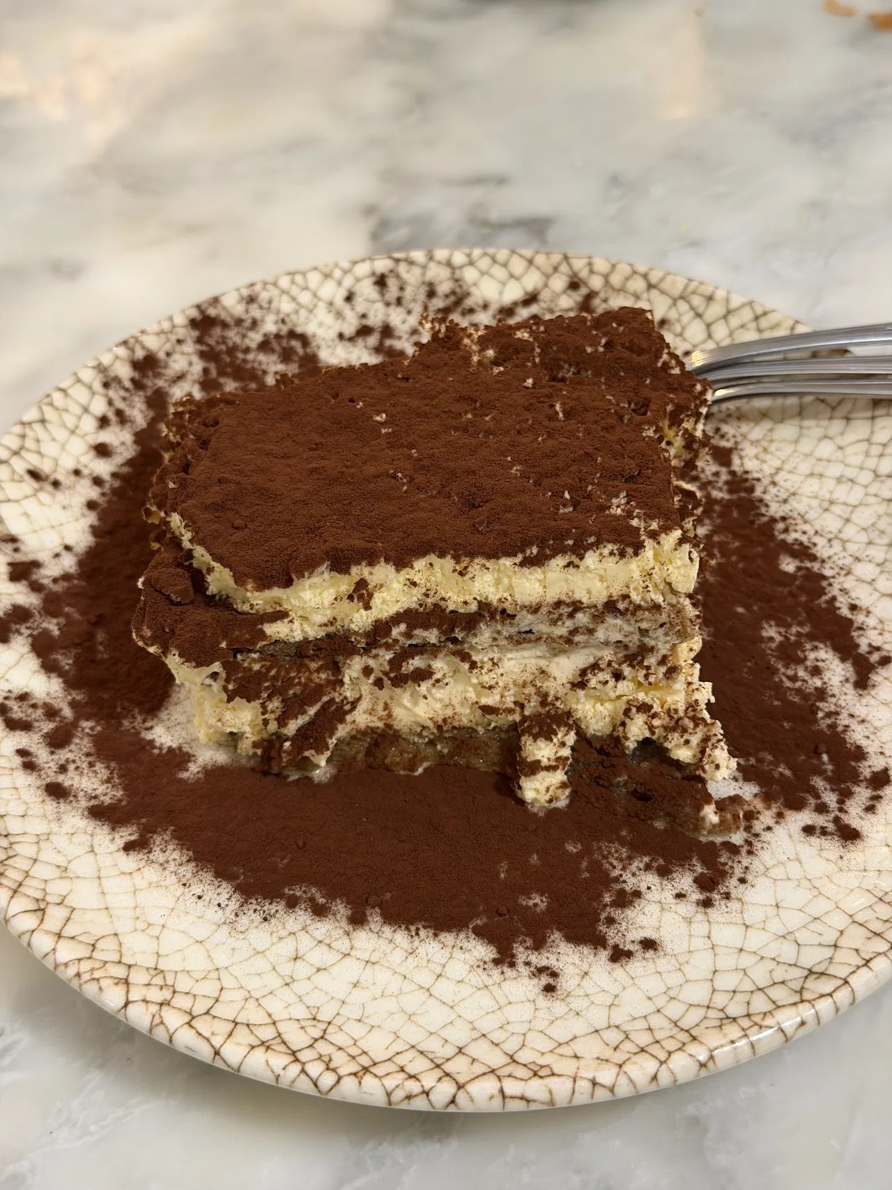 A slice of tiramisu dusted with cocoa powder