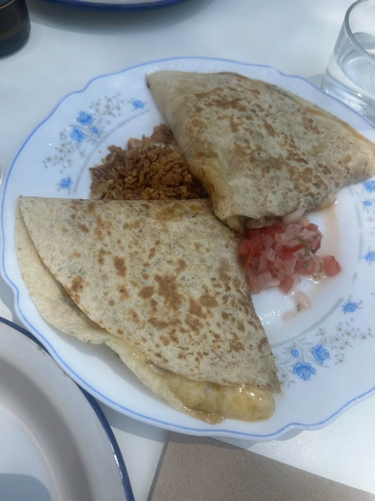 Two folded quesadillas on a plate with salsa