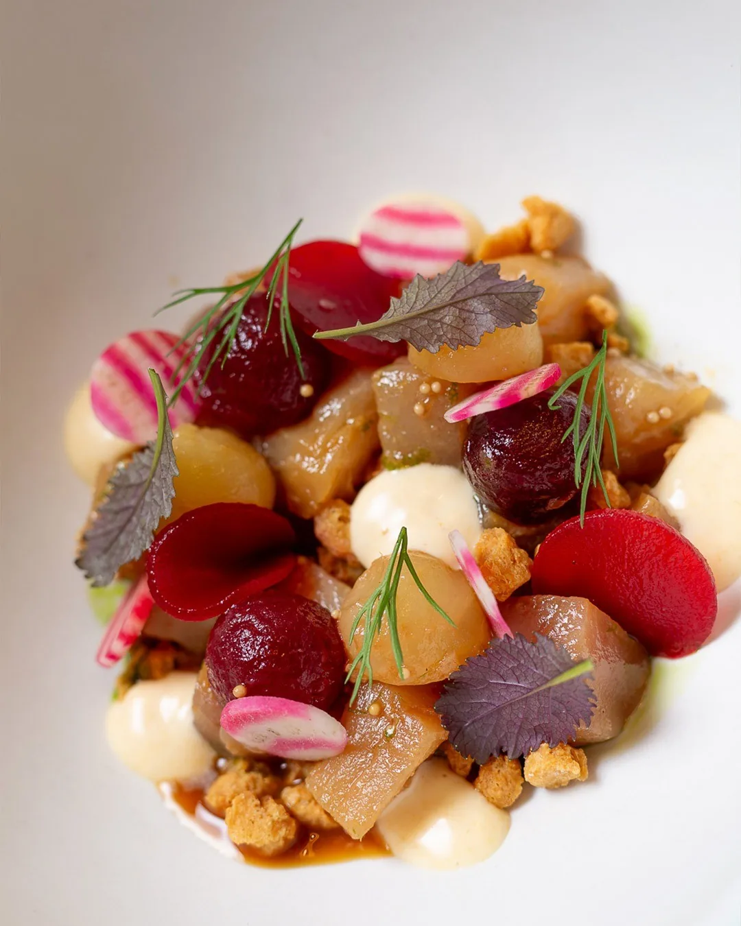 A plate of beetroot, small white onions and crumbs with fresh herbs