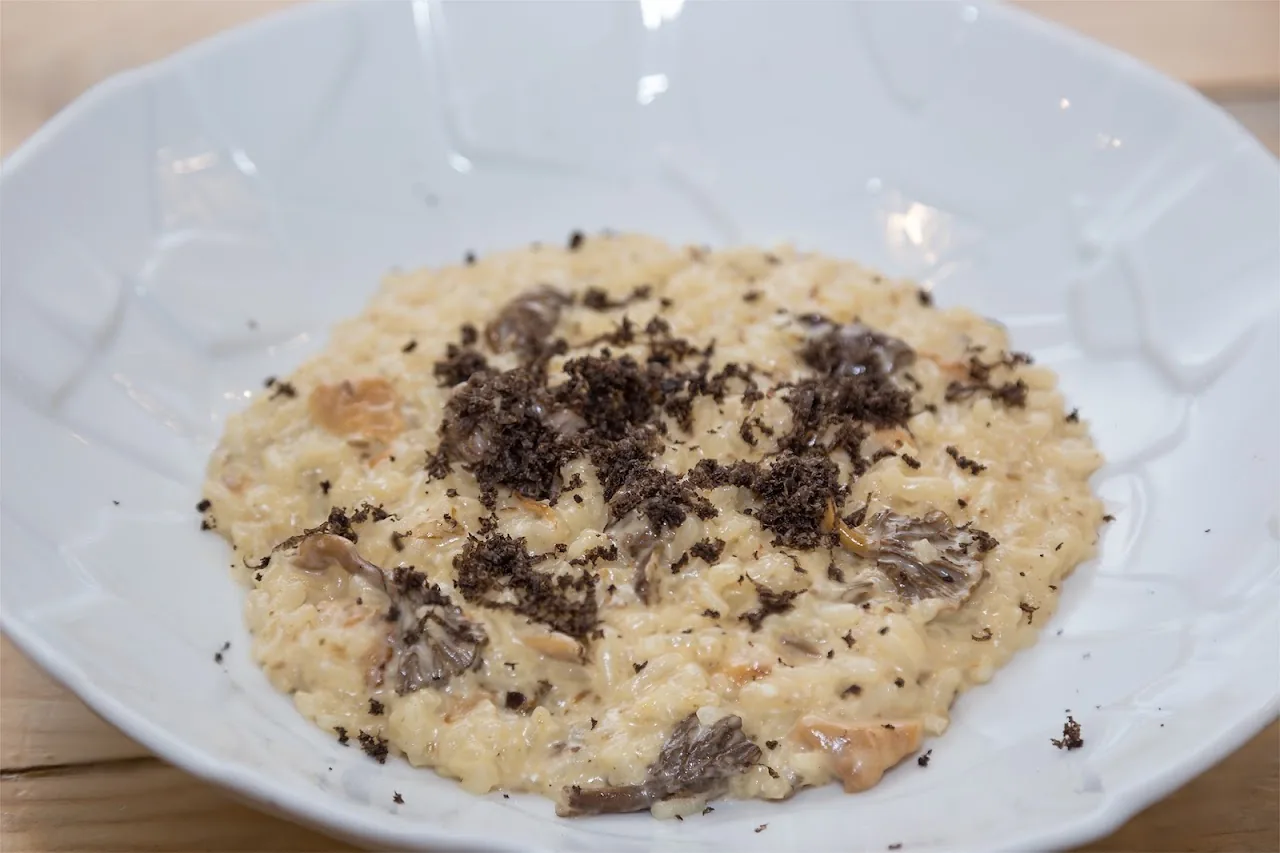 A truffle risotto topped with shaved black truffle
