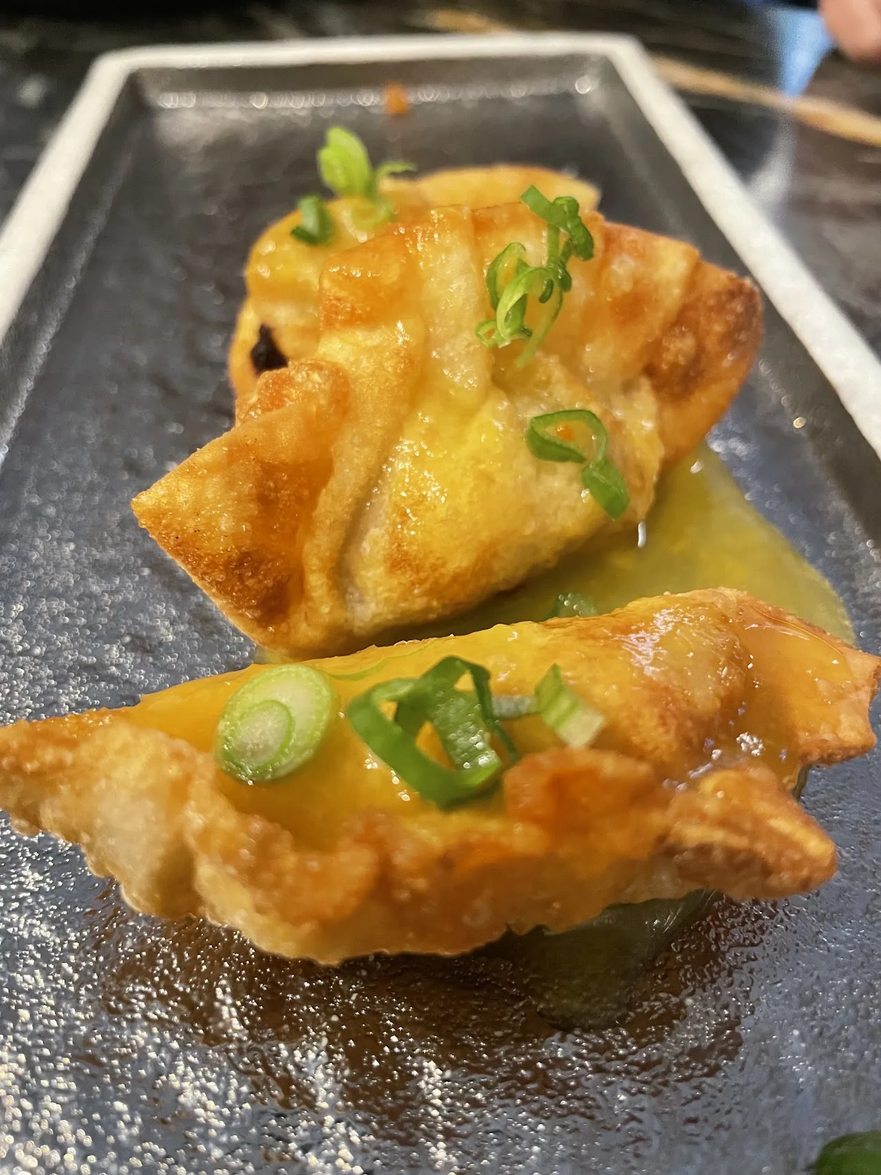 Two crispy fried dumplings garnished with scallions on a skewer tray