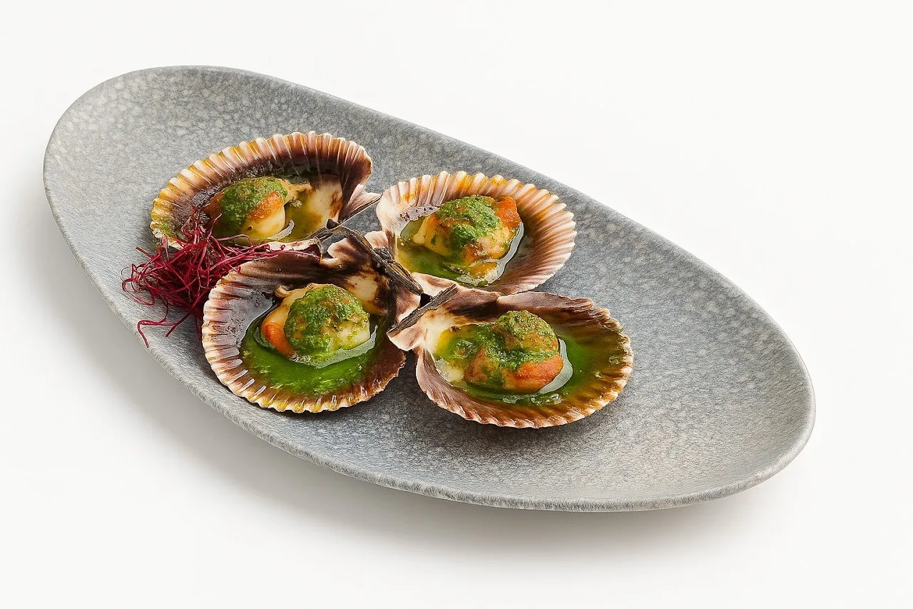 Scallops in their shells with a green topping on a grey plate