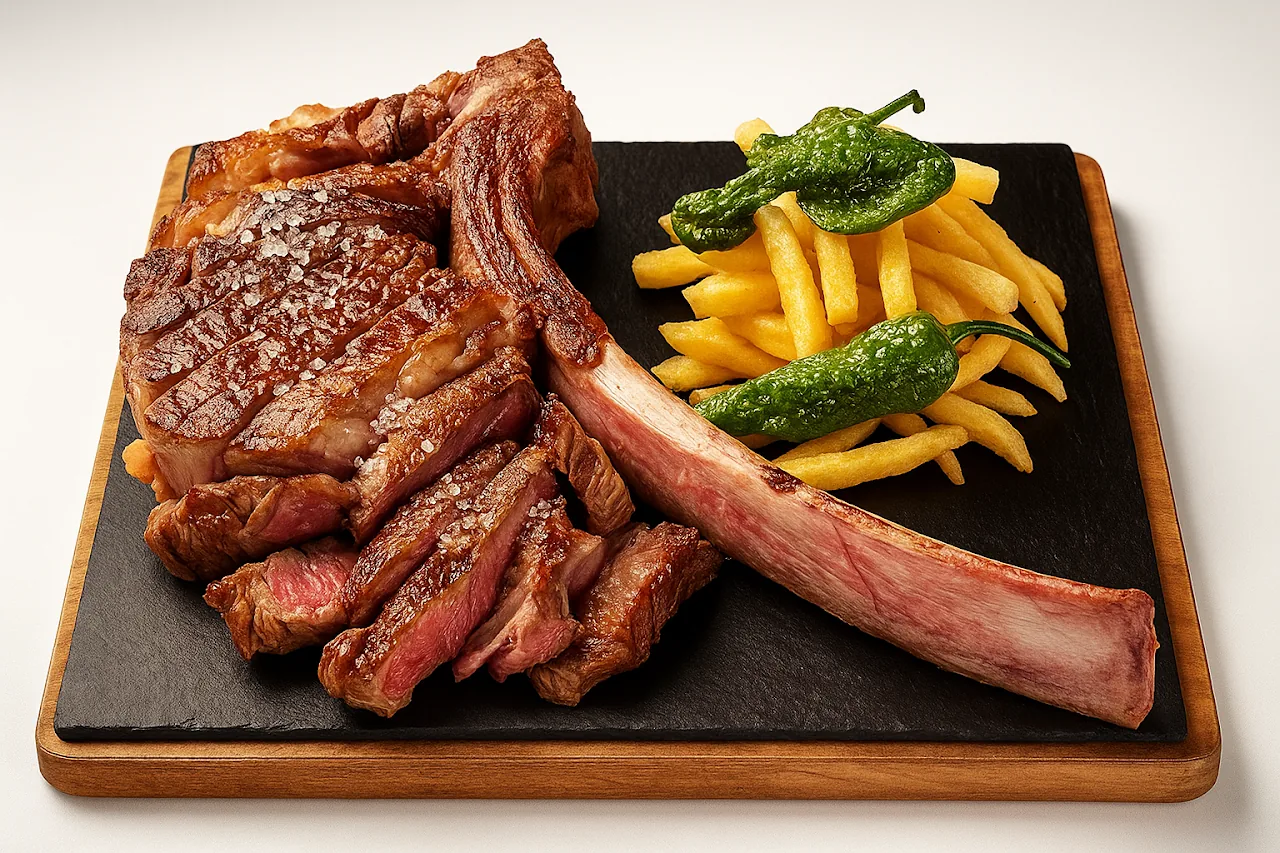 A grilled tomahawk steak on a board with sautéed peppers and fries
