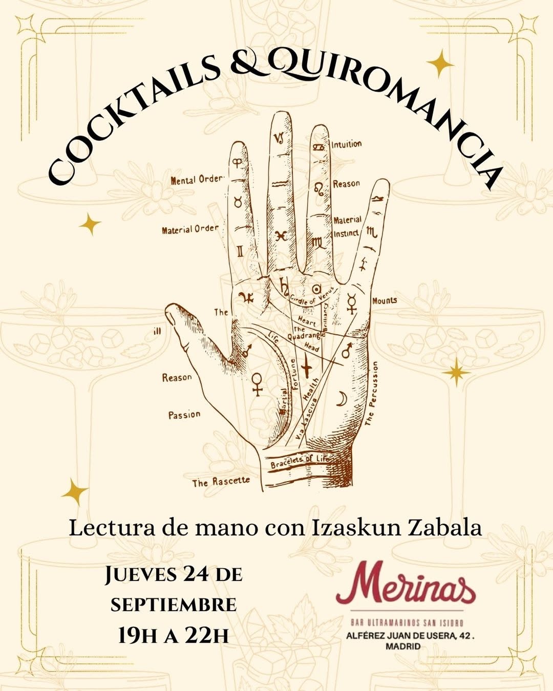 ✨✨🤲🏻🍸✨✨Este planazo de lectura de manos y cócteles se repite en Merinas…  Pide tu cóctel y con él, una lectura de manos 