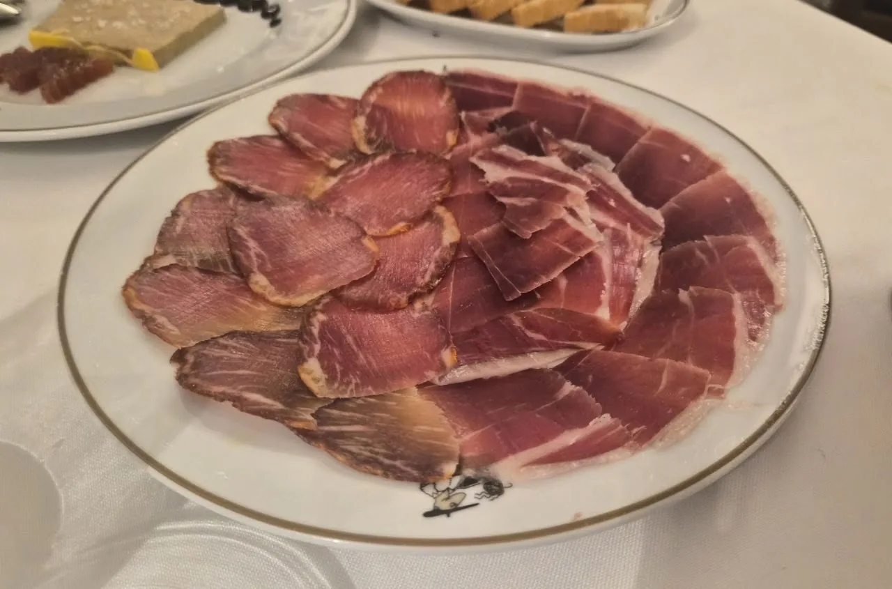 A plate of thinly sliced cured ham