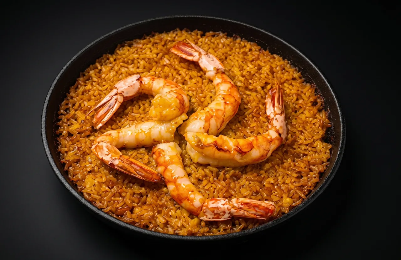 A paella topped with grilled shrimp in a black pan