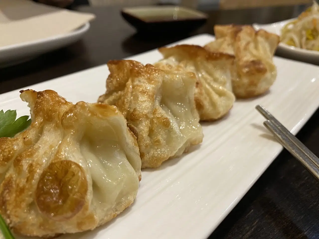 A row of pan-fried mandu dumplings on a long white plate with chopsticks