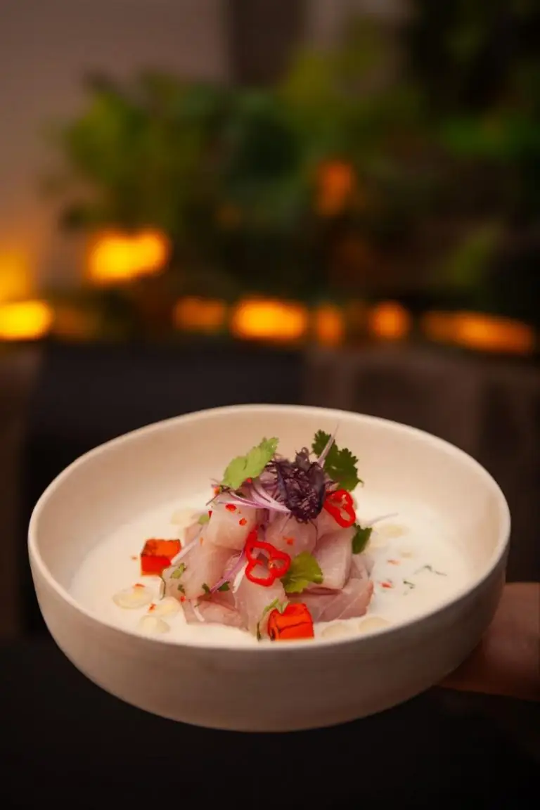 White bowl of ceviche in leche de tigre with red chili rings, red onion and cilantro, held against a warm-lit backdrop