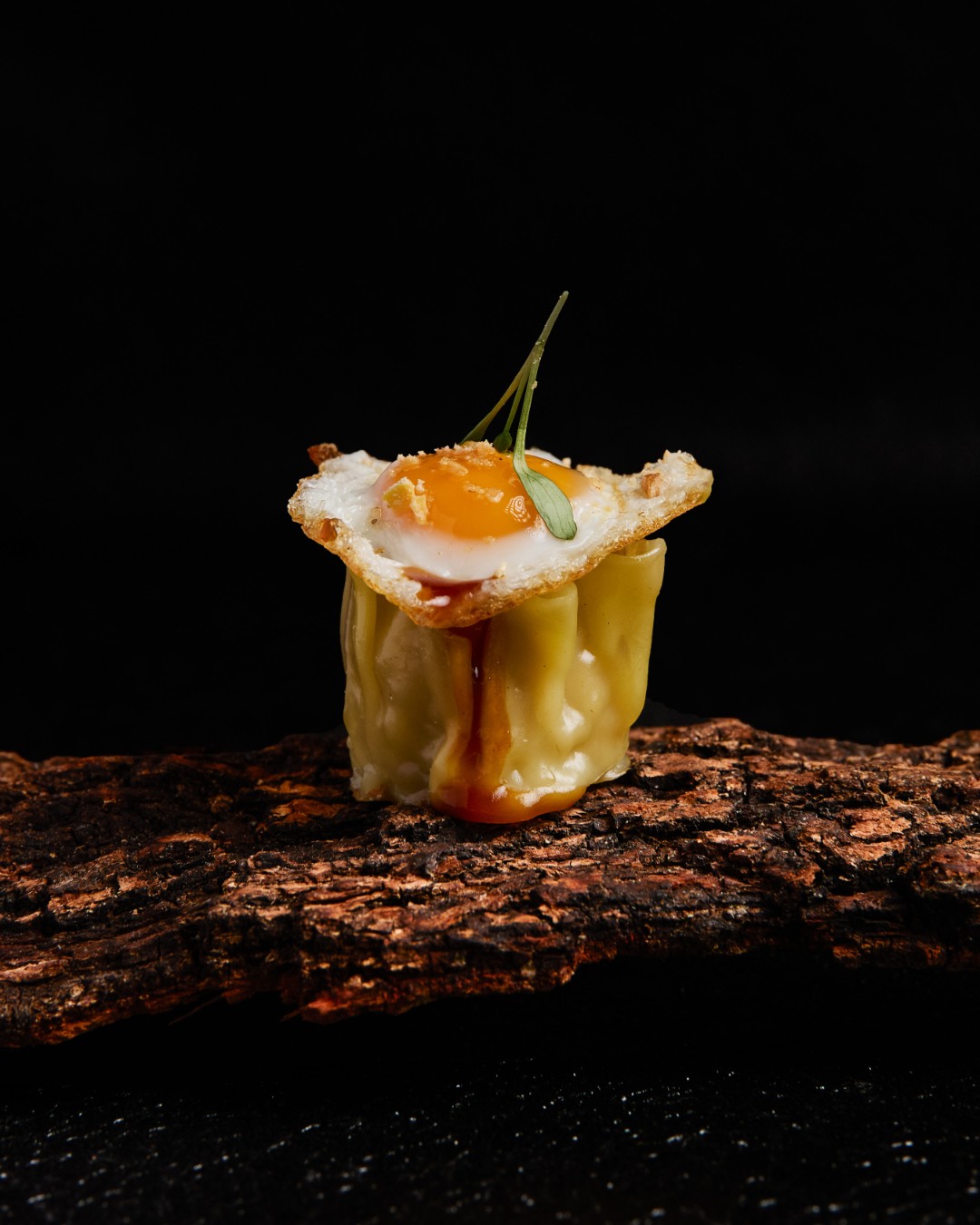 Wanton relleno de cerdo, pico de gallo y salsa oriental. Todo ello coronado por huevo frito y tierra de maíz chulpi.