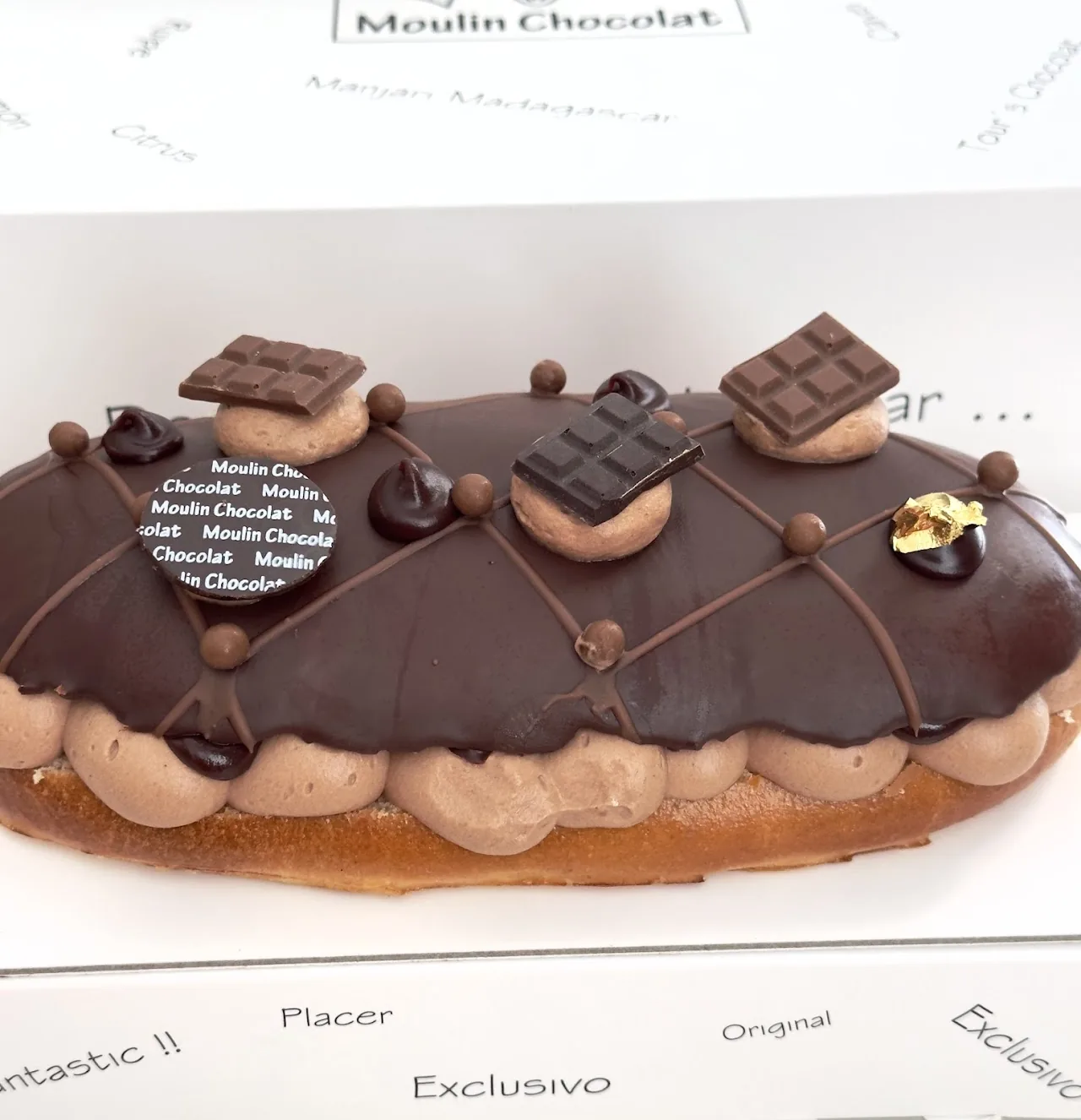 A chocolate log cake decorated with chocolate squares and gold leaf