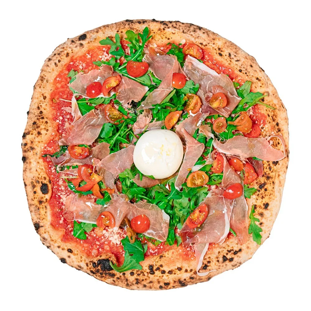 A pizza topped with cured ham, rocket and a ball of white cheese, seen from above
