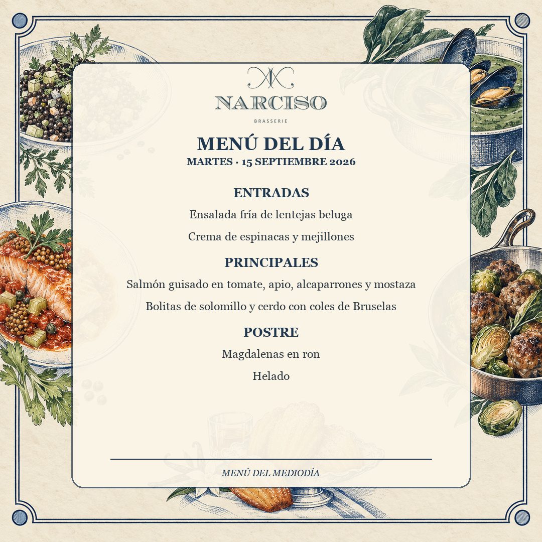 Martes resuelto: hoy se come en Narciso. 🍽️
Empieza con nuestra ensalada fría de lentejas beluga o la crema de espinaca