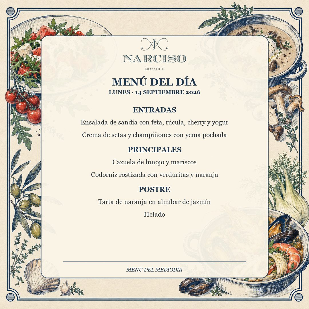 El lunes ya tiene mucho mejor sabor. 🍽️✨
Hoy estrenamos nuestro Menú del Día: ensalada de sandía y feta, crema de setas