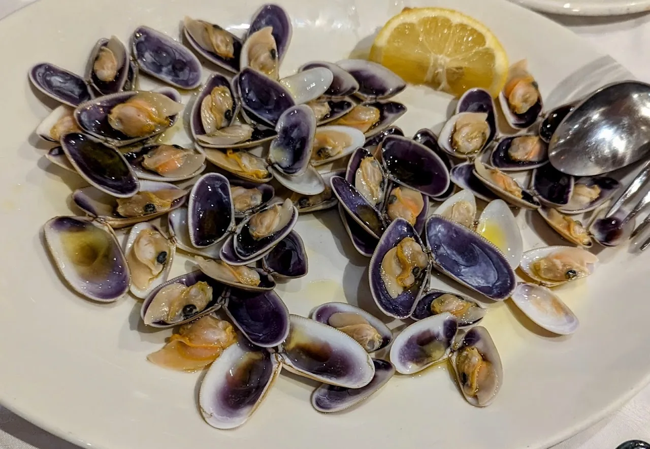A plate of mussels in their shells with lemon