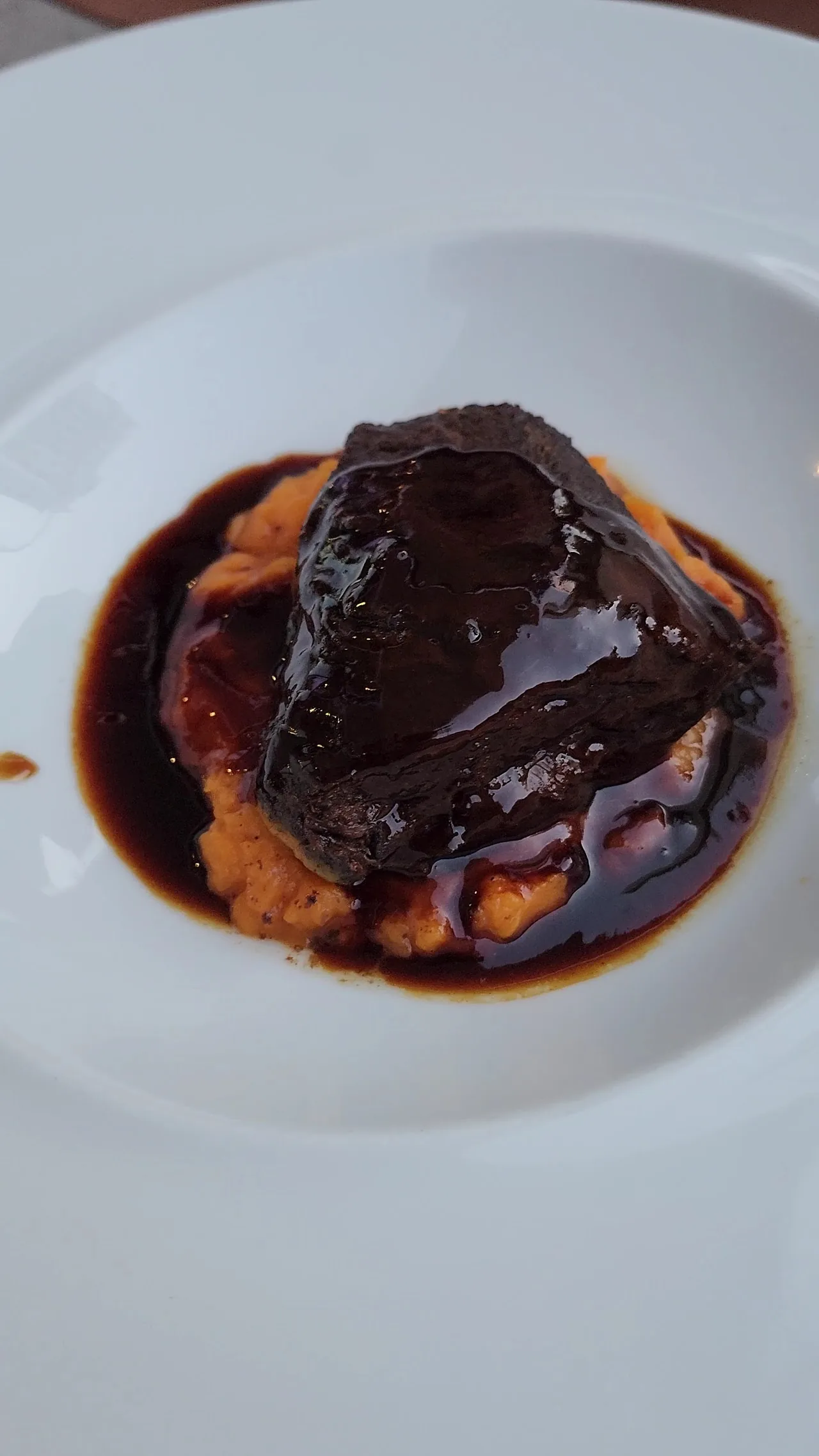 A chocolate dessert with sauce on a white plate