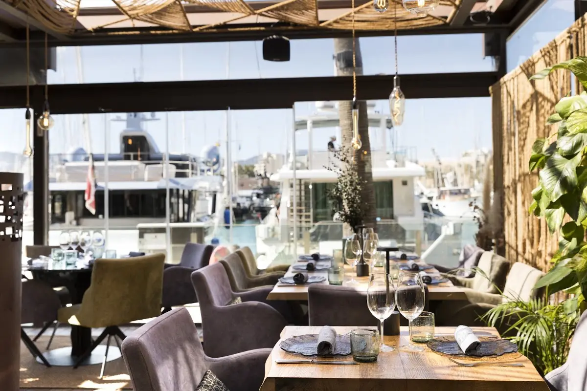 Marina-view dining room at Nudos Atelier